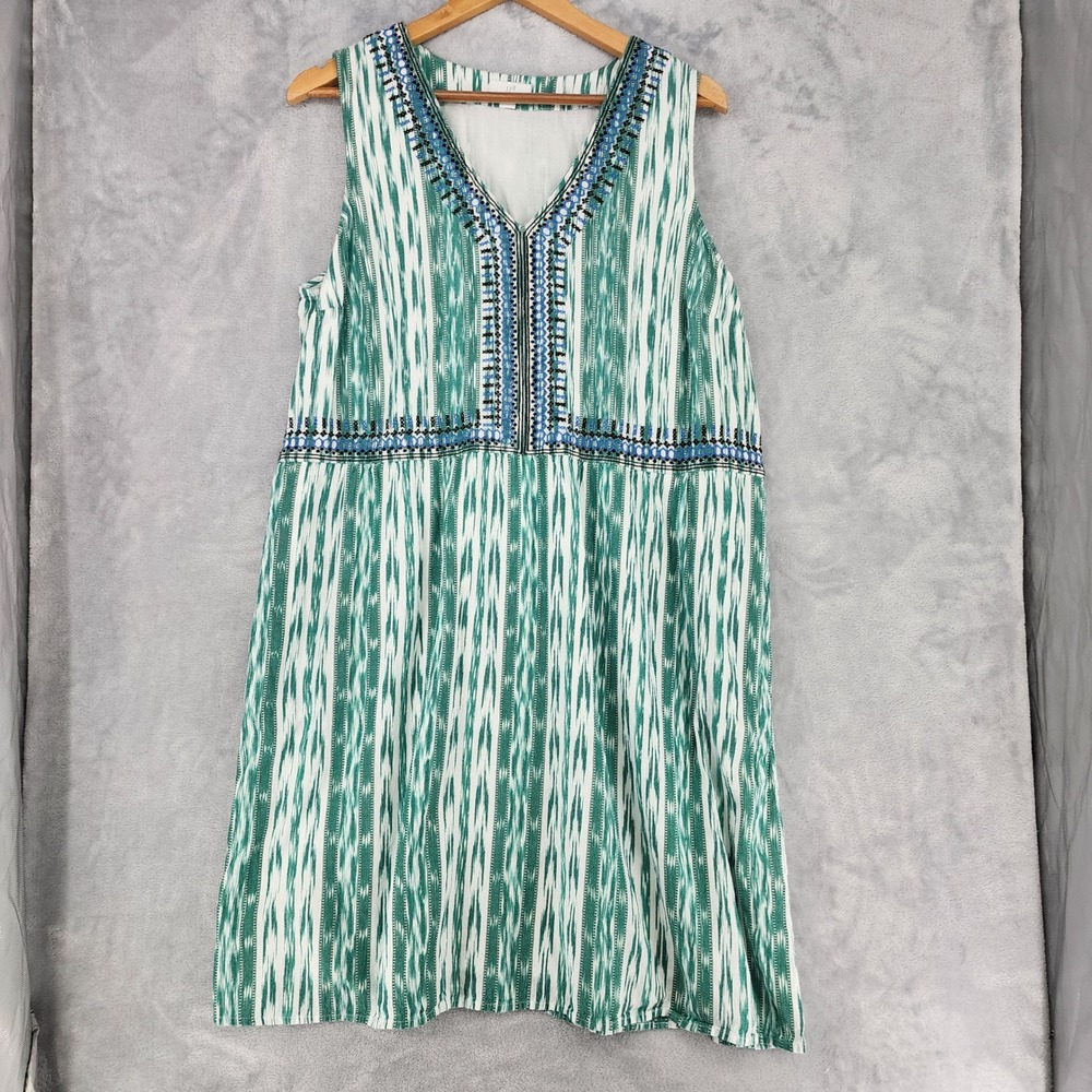 J. Jill Dress Womens Size Large Embroidered Green Ikat Pockets Lined Cotton Tank